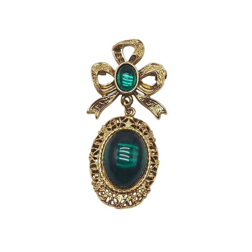 Vintage 1928 Collection Gold Tone Brooch With Green Enamel Cabochon Bow Design